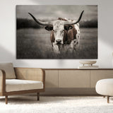 69238-MGV-CV-36X24-Longhorn Bull Wall Art – Rustic Black and White Texas Cattle Canvas Print, Western Farmhouse Animal Photography for Living Room,