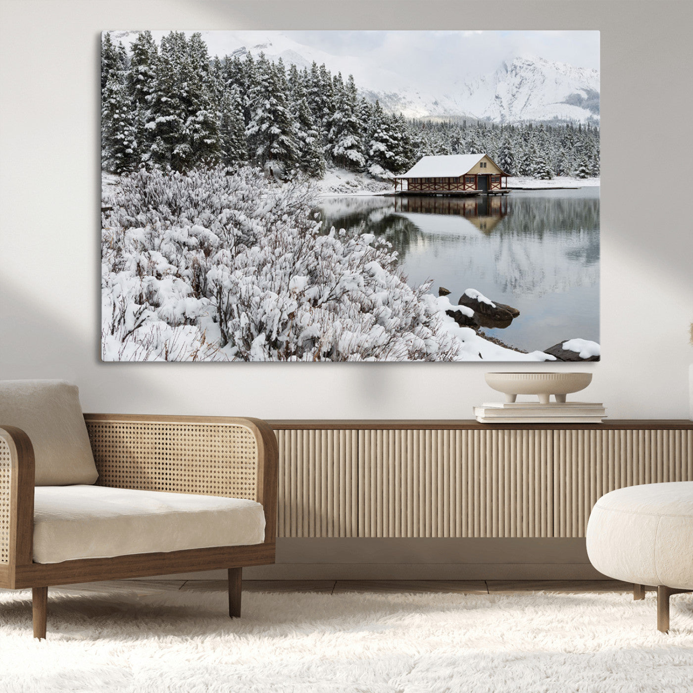 94285-MGV-CV-36X24-Snowy Cabin Wall Art Canvas Print, Framed Winter Cabin Art Picture Print, Mountain Lake Perfect Snowy Nature Decor Artwork
