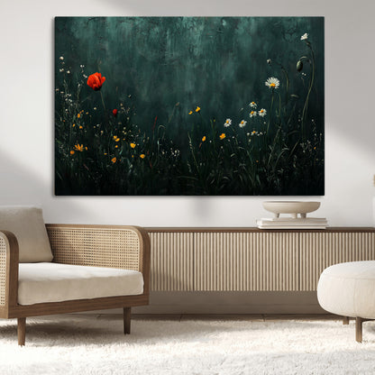26218-MGV-CV-36X24-Wildflower Wall Art – Dark Botanical Floral Canvas Print, Modern Nature Painting Poster with Daisy Poppy Yellow Flowers for Living