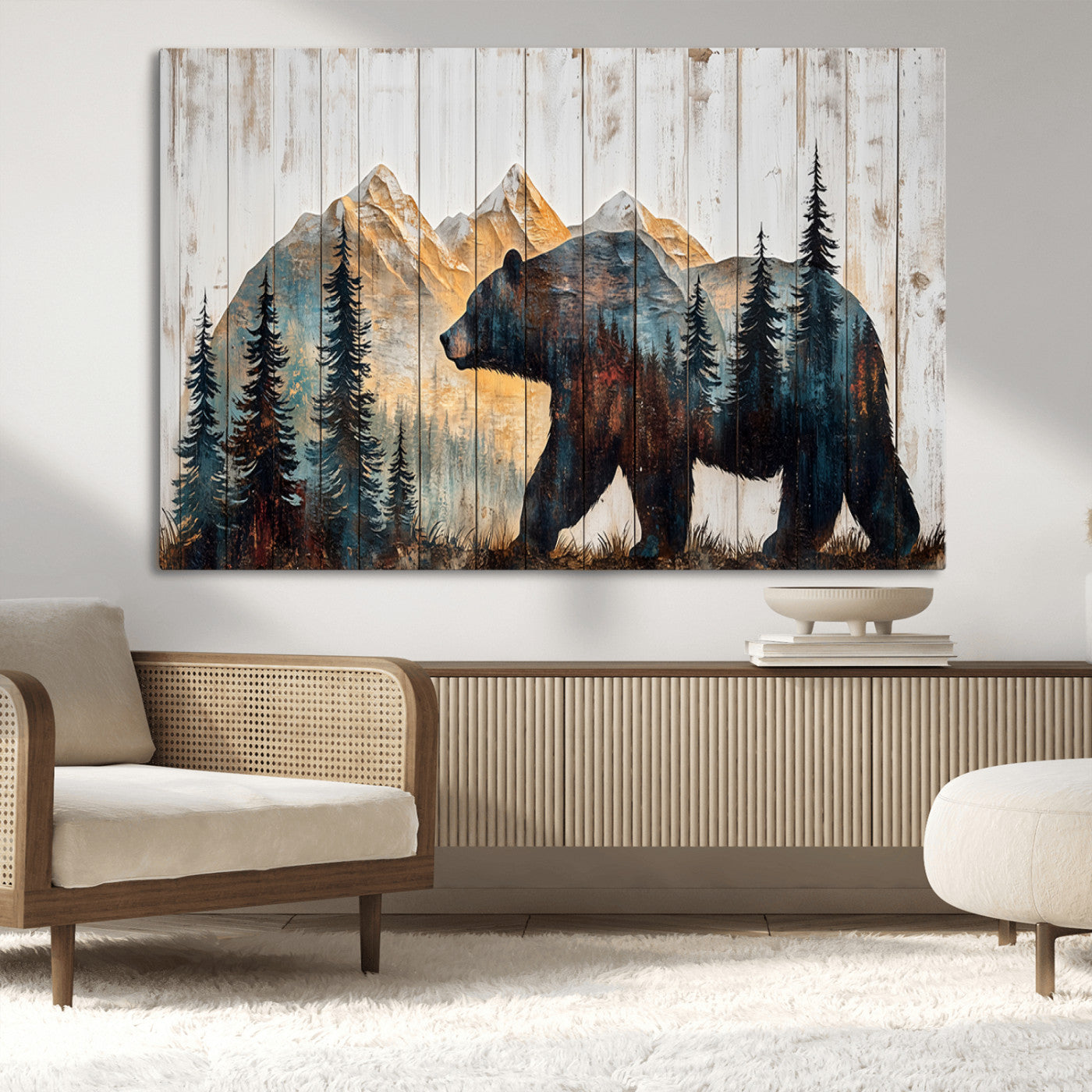 90077-MGV-CV-36X24-Wood Grizzly Bear Wall Art Canvas Print, Framed Abstract Bear Art Picture Print, Bear in Forest Perfect Rustic Lodge Decor Artwork