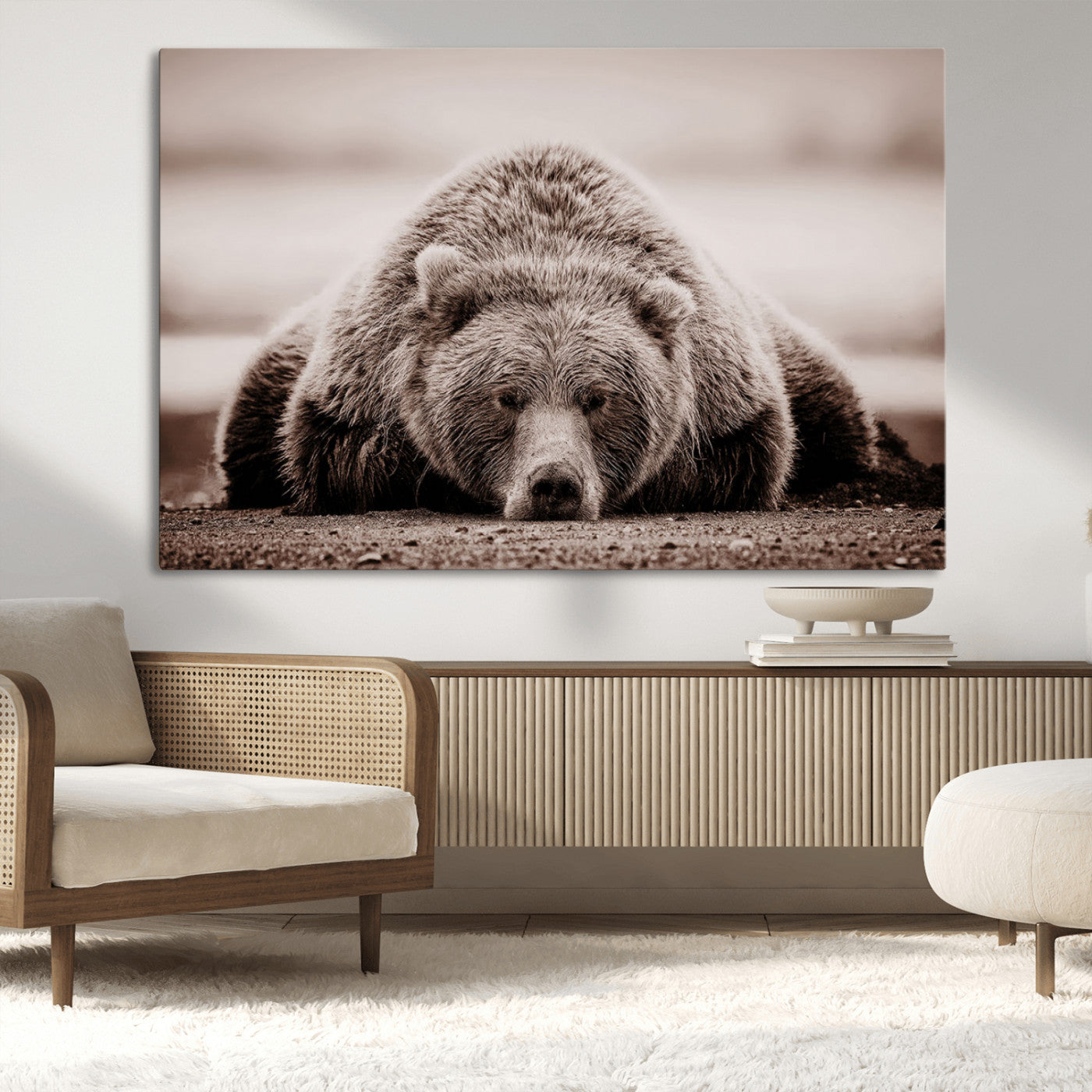 20611-MGV-CV-36X24-Grizzly Bear Wall Art – Majestic Wildlife Sepia Canvas Print, Rustic Nature Animal Artwork for Cabin, Lodge, Living Room, Bedroom,