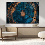 65231-MGV-CV-36X24-Blue and Gold Tree Ring Wall Art – Rustic Abstract Wood Slice Canvas Print, Modern Nature Inspired Artwork for Living Room,