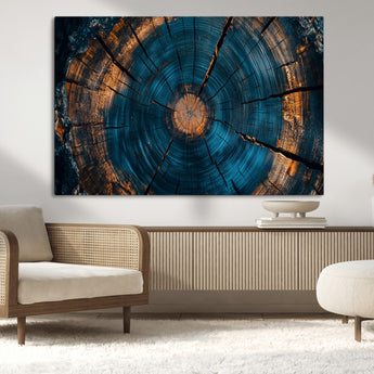 65231-MGV-CV-36X24-Blue and Gold Tree Ring Wall Art – Rustic Abstract Wood Slice Canvas Print, Modern Nature Inspired Artwork for Living Room,