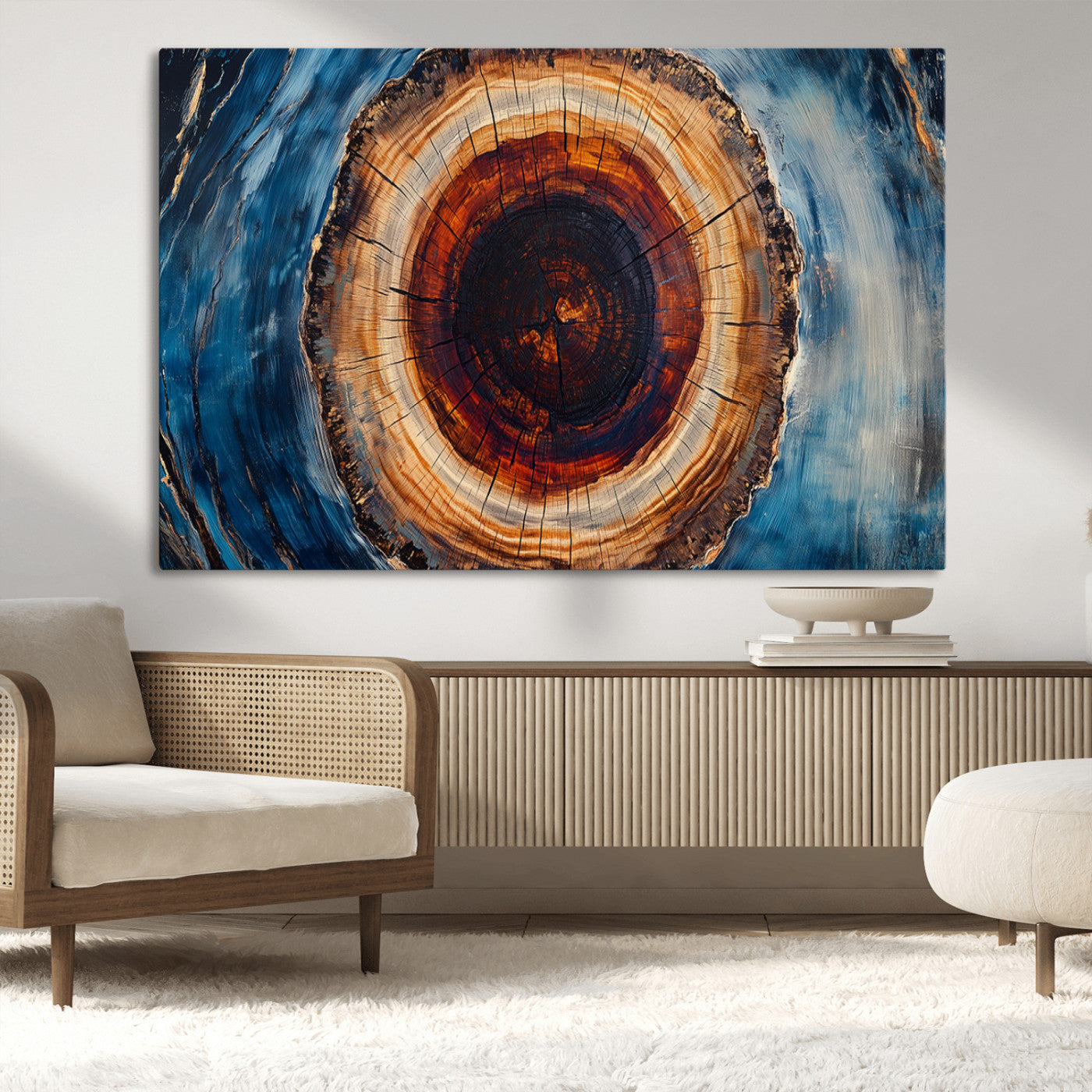 30457-MGV-CV-36X24-Tree Ring Abstract Wall Art – Blue and Brown Wood Grain Canvas Print, Modern Nature Inspired Painting for Rustic Living Room,