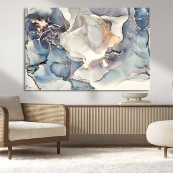 51497-MGV-CV-36X24-Abstract Blue and Gold Wall Art – Modern Fluid Ink Style Canvas Print, Elegant Contemporary Decor for Living Room, Office