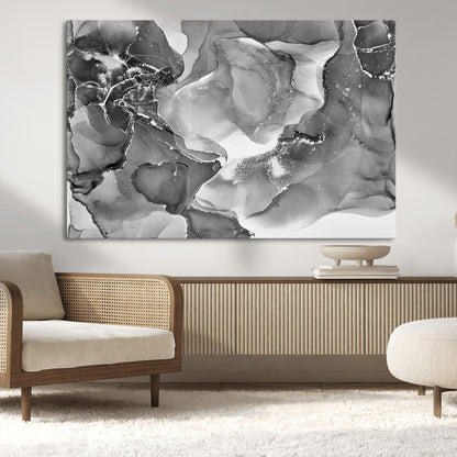 15911-MGV-CV-36X24-Black and White Abstract Wall Art – Modern Ink Swirl Canvas Print, Minimalist Contemporary Painting for Living Room, Bedroom,