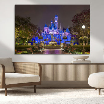 63560-MGV-CV-36X24-Fairy Tale Castle Wall Art – Magical Night Scene Canvas Print with Lights and Gardens, Fantasy Architecture Artwork for Living