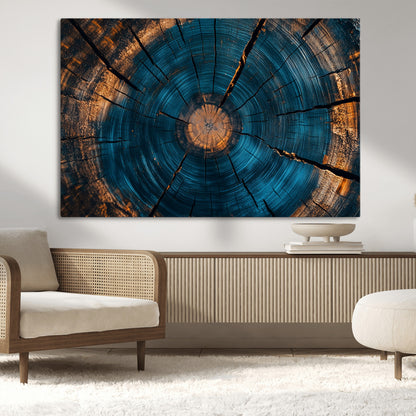 13398-MGV-CV-36X24-Tree Ring Wall Art – Abstract Wood Grain Canvas Print with Blue and Orange Accents, Rustic Nature Inspired Artwork for Living