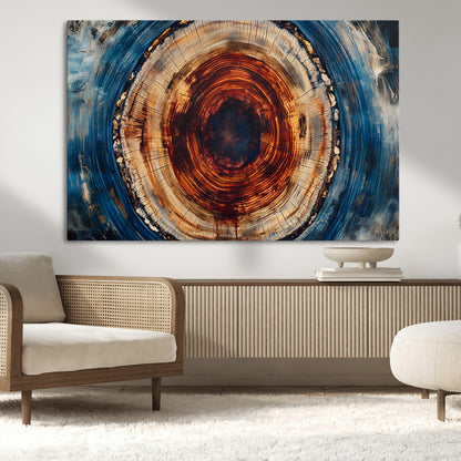 90395-MGV-CV-36X24-Tree Ring Wall Art – Abstract Wood Grain Canvas Print with Fiery Red and Blue Tones, Bold Rustic Nature Inspired Artwork Decor for
