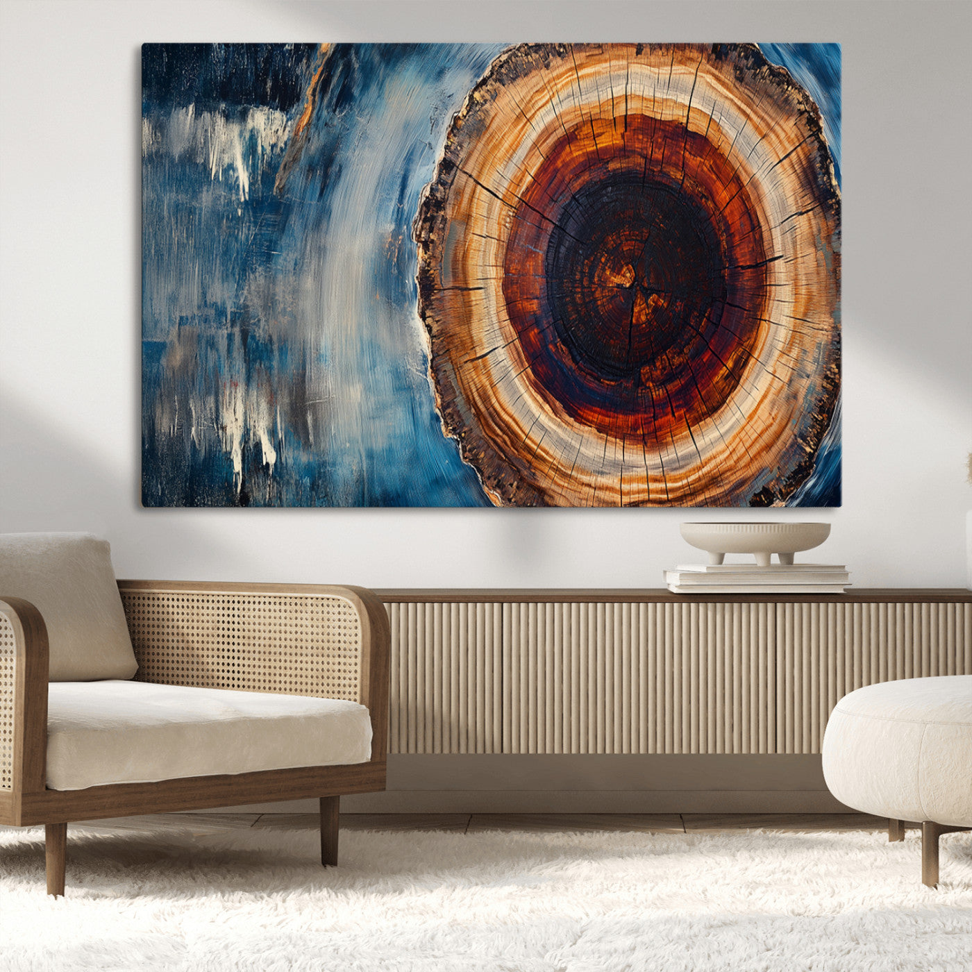 48045-MGV-CV-36X24-Tree Ring Abstract Wall Art – Rustic Wood Grain Canvas Print with Brown Center and Blue Brush Strokes, Nature Inspired Artwork for