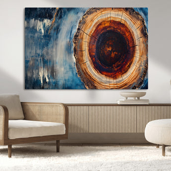 48045-MGV-CV-36X24-Tree Ring Abstract Wall Art – Rustic Wood Grain Canvas Print with Brown Center and Blue Brush Strokes, Nature Inspired Artwork for