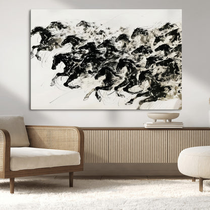 23069-MGV-CV-36X24-Galloping Horses Wall Art – Black Ink Painting on Canvas, Dynamic Equestrian Artwork with Running Stallions, Expressive Modern