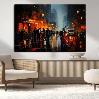 32816-MGV-CV-36X24-City Jazz Night Wall Art – Modern Abstract Urban Street Scene Canvas Print, Moody Music-Themed Decor for Living Room, Office, or