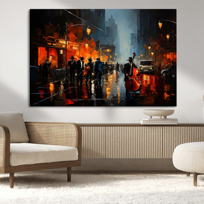 32816-MGV-CV-36X24-City Jazz Night Wall Art – Modern Abstract Urban Street Scene Canvas Print, Moody Music-Themed Decor for Living Room, Office, or