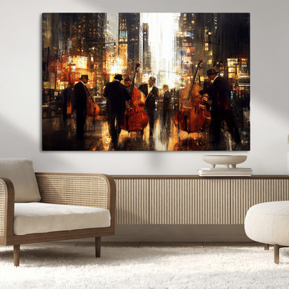 58782-MGV-CV-36X24-Jazz Musicians Cityscape Wall Art – Vibrant Urban Night Canvas Print, Elegant Music Themed Decor for Living Room, Office, or Music