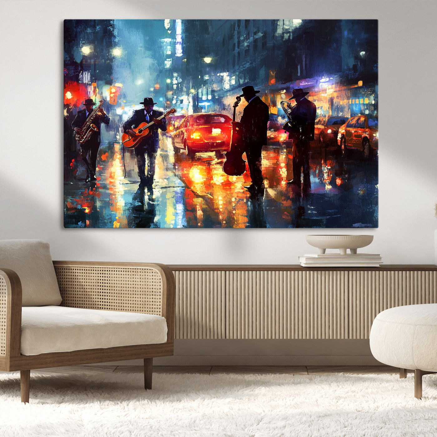 94605-MGV-CV-36X24-City Jazz Night Wall Art – Vibrant Music Canvas Print Featuring Saxophone, Guitar and Bass Players, Urban Street Scene Artwork for