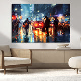 94605-MGV-CV-36X24-City Jazz Night Wall Art – Vibrant Music Canvas Print Featuring Saxophone, Guitar and Bass Players, Urban Street Scene Artwork for