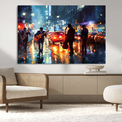 94605-MGV-CV-36X24-City Jazz Night Wall Art – Vibrant Music Canvas Print Featuring Saxophone, Guitar and Bass Players, Urban Street Scene Artwork for