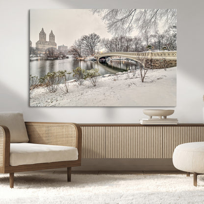 60292-MGV-CV-36X24-Central Park Winter Wall Art – Snowy Bow Bridge Canvas Print, Scenic New York City Landscape Photography for Living Room, Bedroom