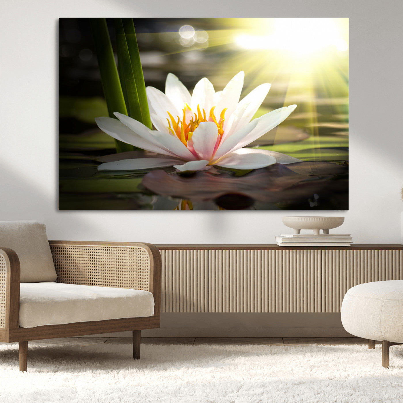 40478-MGV-CV-36X24-Water Lily Wall Art – White Lotus Flower Canvas Print with Sunlight Reflection, Serene Botanical Artwork for Living Room, Bedroom,