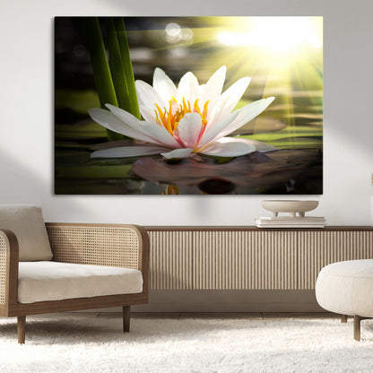 40478-MGV-CV-36X24-Water Lily Wall Art – White Lotus Flower Canvas Print with Sunlight Reflection, Serene Botanical Artwork for Living Room, Bedroom,