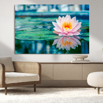 65933-MGV-CV-36X24-Pink Water Lily Wall Art – Lotus Flower Canvas Print with Reflection on Calm Water, Peaceful Botanical Artwork for Living Room,
