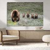 40555-MGV-CV-36X24-Bear Family Wall Art – Wildlife Canvas Print of Mother Bear with Four Cubs in Nature, Rustic Animal Artwork for Living Room,