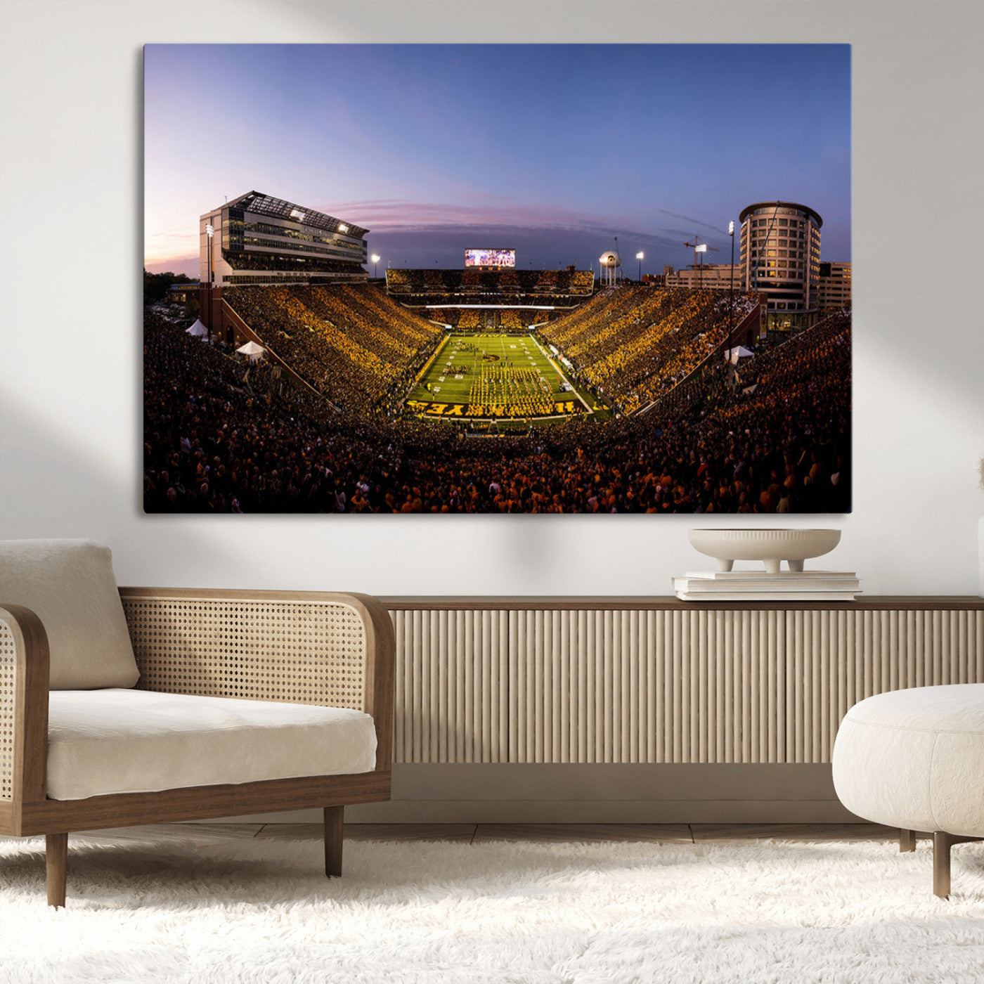 82557-MGV-CV-36X24-College Football Stadium Wall Art – Panoramic Sunset Canvas Print with Marching Band and Game Day Crowd, Sports Artwork for Man