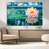 30320-MGV-CV-36X24-Pink Water Lily Wall Art – Lotus Flower Canvas Print with Reflection Water, Peaceful Botanical Artwork for Living Room, Bedroom,