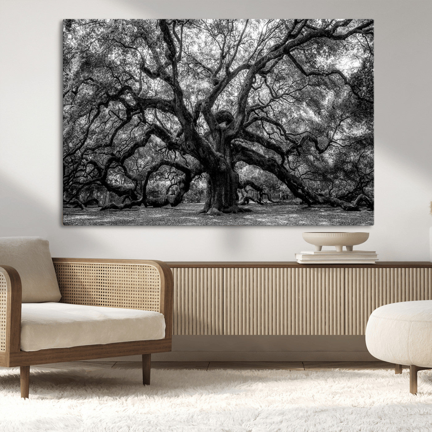 132944706-MGV-CV-36X24-Ancient Tree Wall Art – Black and White Photography Canvas Print Featuring Majestic Twisting Branches, Rustic Nature Artwork for
