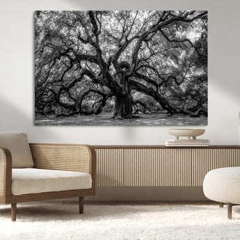 132944706-MGV-CV-36X24-Ancient Tree Wall Art – Black and White Photography Canvas Print Featuring Majestic Twisting Branches, Rustic Nature Artwork for