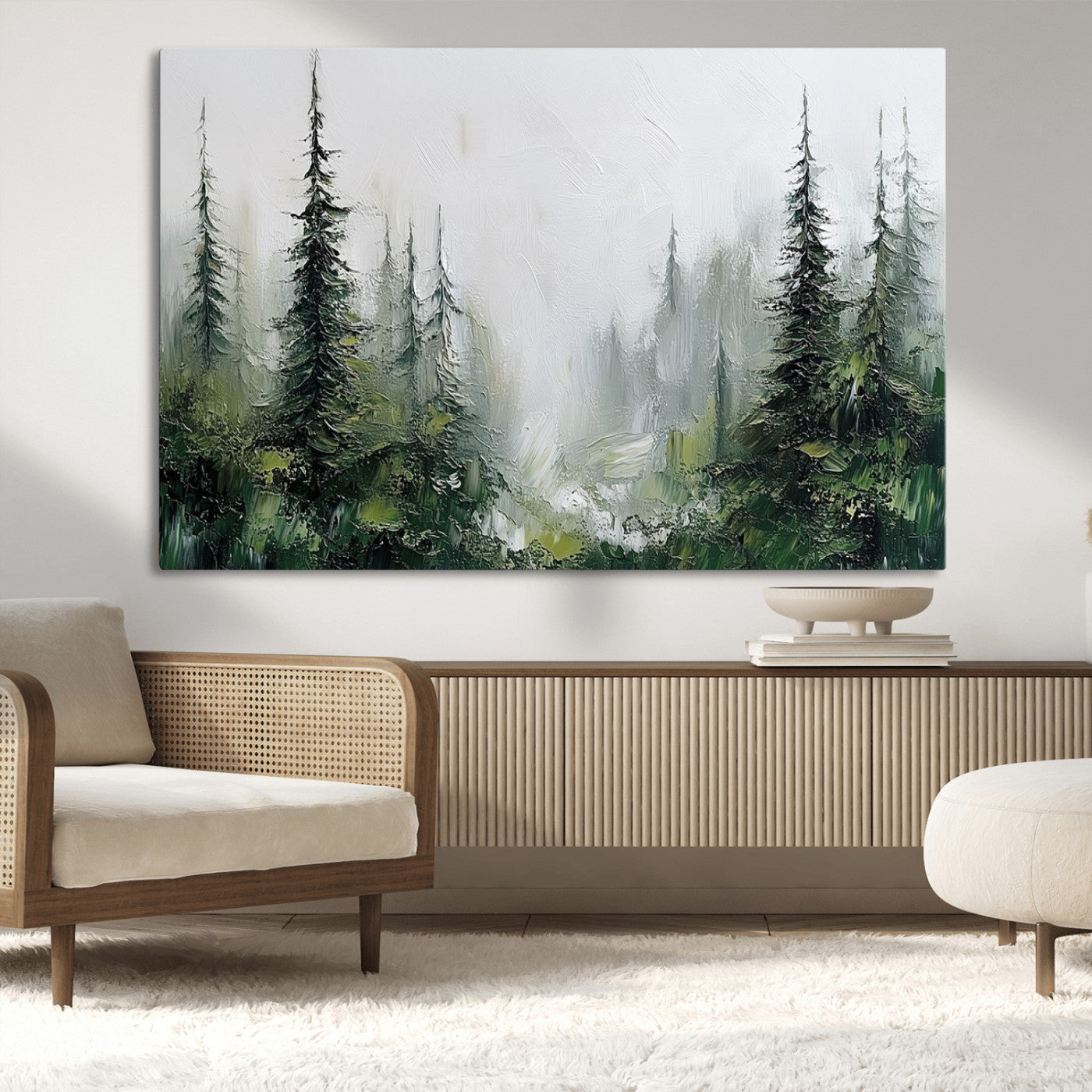 76014-MGV-CV-36X24-Forest Wall Art – Textured Canvas Print Featuring Misty Evergreen Pines and Woodland Landscape, Rustic Nature Artwork for Living