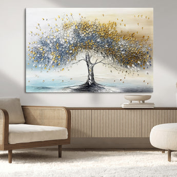 24771-MGV-CV-36X24-Silver Tree Wall Art Canvas Print, Framed Golden Leaves Art Picture Print, Metallic Tree Perfect Minimalist Luxury Decor Artwork