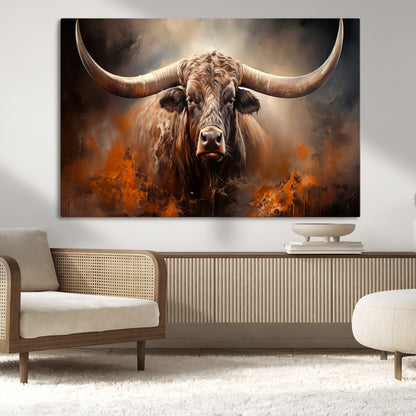 240479-MGV-CV-36X24-Longhorn Bull Wall Art – Dramatic Western Canvas Print Featuring Horned Bull with Fiery Background, Rustic Farmhouse Artwork for