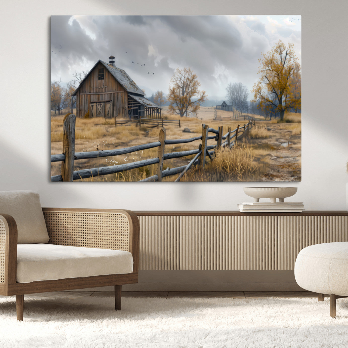 Farm1-MGV-CV-36X24-Rustic Autumn Farmhouse Wall Art – Serene Countryside Scene Canvas Print, Weathered Barn and Autumn Trees Decor for Living Room,