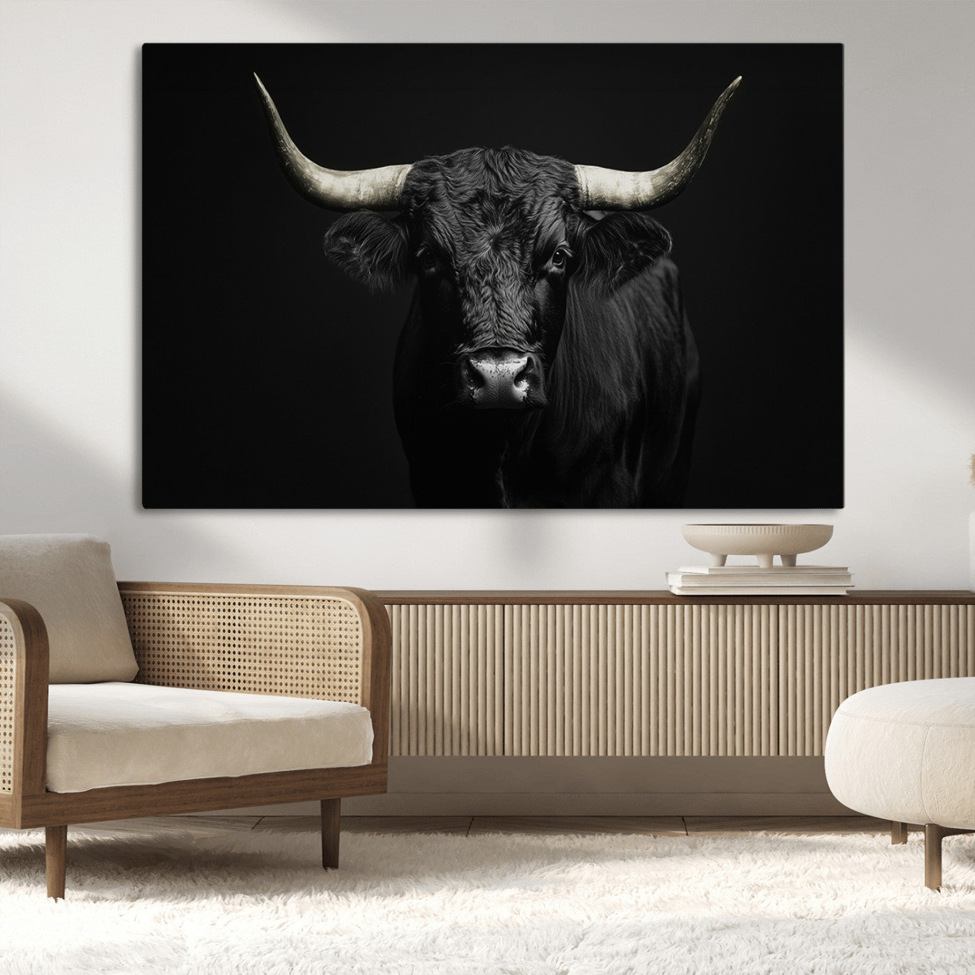97914921-MGV-CV-36X24-Black Bull Wall Art Canvas Print, Framed Longhorn Bull Art Picture Print, Western Bull Perfect Monochrome Western Decor Artwork