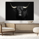 97914921-MGV-CV-36X24-Black Bull Wall Art Canvas Print, Framed Longhorn Bull Art Picture Print, Western Bull Perfect Monochrome Western Decor Artwork