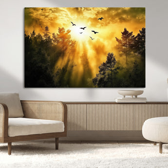 13776802-MGV-CV-36X24-Golden Forest Wall Art Canvas Print, Framed Sunset Pines Art Picture Print, Flying Birds Perfect Nature Glow Decor Artwork