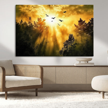 13776802-MGV-CV-36X24-Golden Forest Wall Art Canvas Print, Framed Sunset Pines Art Picture Print, Flying Birds Perfect Nature Glow Decor Artwork