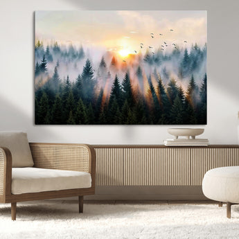 56391411-MGV-CV-36X24-Misty Forest Wall Art Canvas Print, Framed Sunrise Pines Art Picture Print, Moody Pines Perfect Serene Woodland Decor Artwork