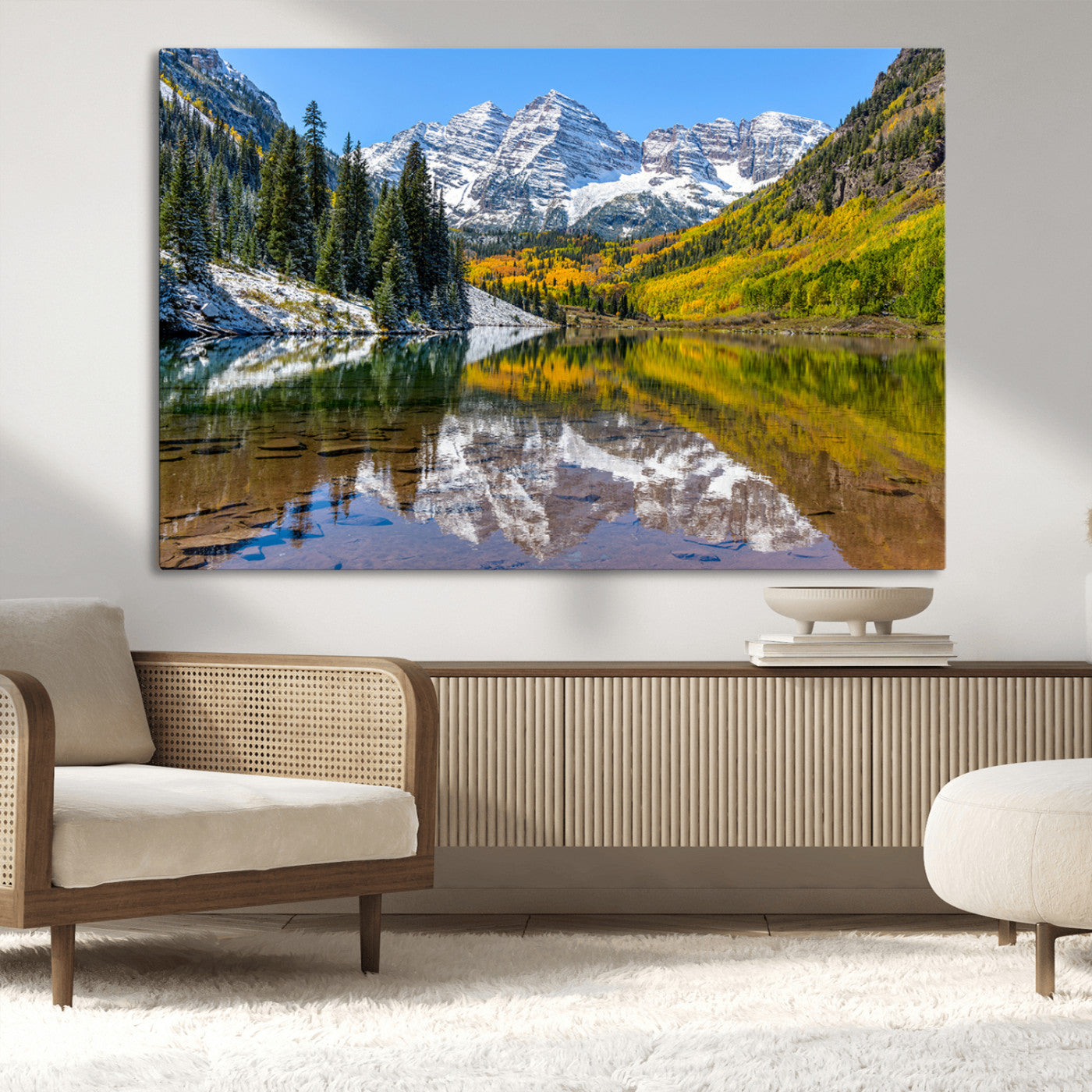 87724099-MGV-CV-36X24-Maroon Bells Wall Art Canvas Print, Framed Snowy Mountains Art Picture Print, Pine Forest Perfect Vibrant Alpine Decor Artwork