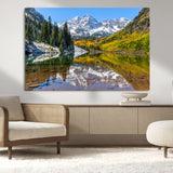 87724099-MGV-CV-36X24-Maroon Bells Wall Art Canvas Print, Framed Snowy Mountains Art Picture Print, Pine Forest Perfect Vibrant Alpine Decor Artwork