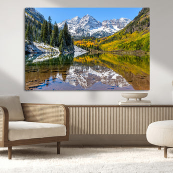 87724099-MGV-CV-36X24-Maroon Bells Wall Art Canvas Print, Framed Snowy Mountains Art Picture Print, Pine Forest Perfect Vibrant Alpine Decor Artwork