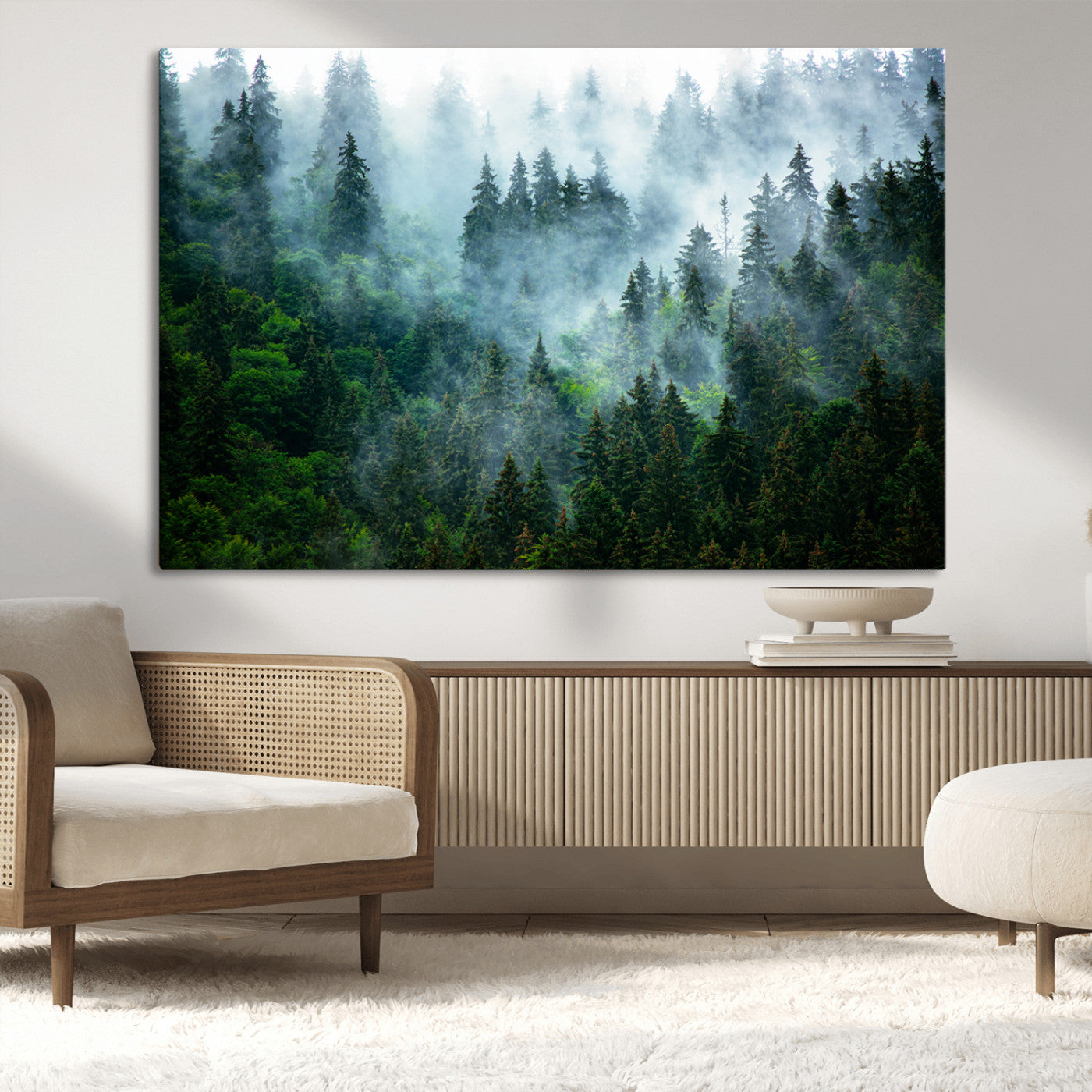 17393683-MGV-CV-36X24-Misty Forest Art Wall Art Canvas Print, Framed Foggy Mountain Art Art Picture Print, Scenic Wall Print Perfect Decor Artwork