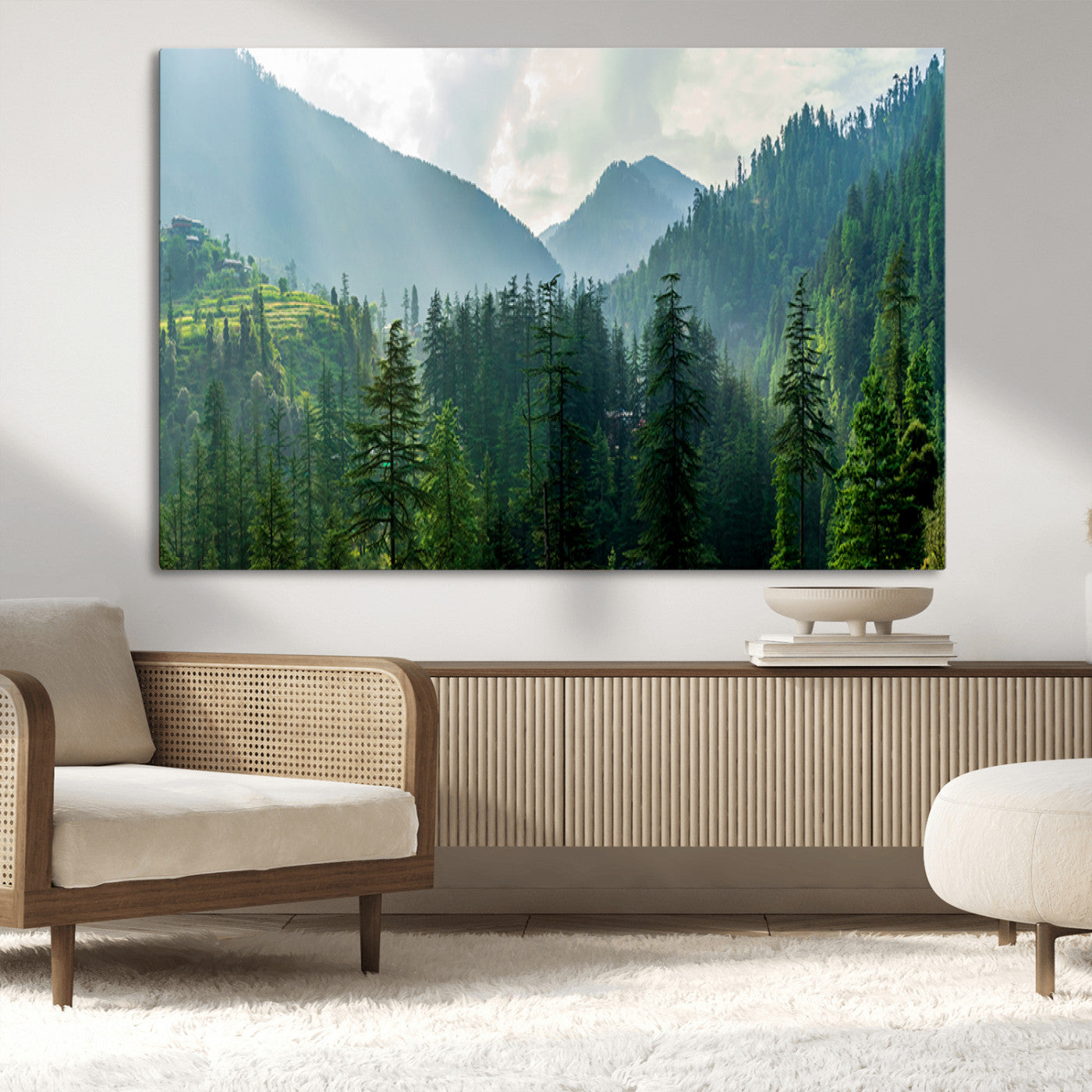 83417191-MGV-CV-36X24-Misty Mountain Forest Wall Art – Pine Tree Landscape Canvas Print, Nature Photography Panorama, Tranquil Green Forest Décor for