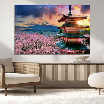 32331262-MGV-CV-36X24-Mount Fuji Japan Wall Art – Cherry Blossom Landscape Canvas Print, Chureito Pagoda Sunset Photography, Japanese Nature Travel