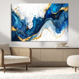 33506371-MGV-CV-36X24-Blue Marble Wall Art Canvas Print, Framed Gold Splash Art Picture Print, Abstract Wave Perfect Modern Luxe Decor Artwork