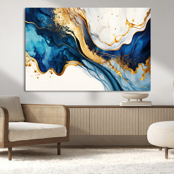 60283636-MGV-CV-36X24-Blue Gold Flow Wall Art Canvas Print, Framed Marble Texture Art Picture Print, Elegant Splash Perfect Elegant Abstract Decor