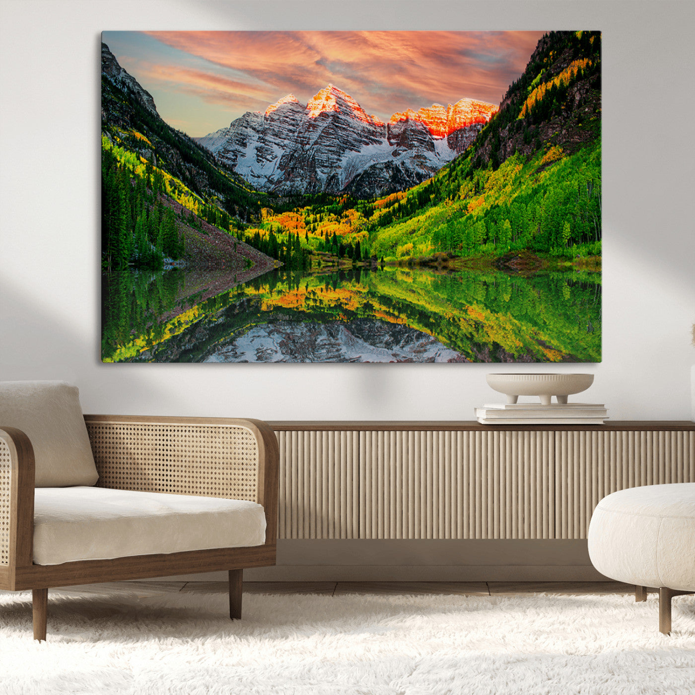 59533484-MGV-CV-36X24-Maroon Bells Autumn Wall Art – Panoramic Mountain Landscape Canvas Print, Sunset Reflection Nature Artwork for Living Room, Office