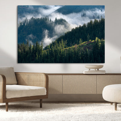 84598503-MGV-CV-36X24-Misty Forest Wall Art Canvas Print, Framed Pine Hills Art Picture Print, Moody Hills Perfect Moody Woodland Decor Artwork